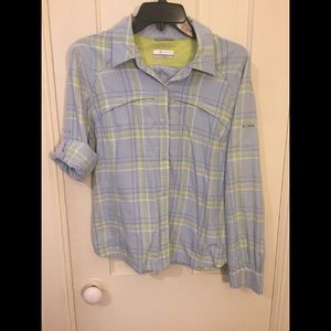 Long-sleeved (or cuffed) blue/yellow plaid shirt